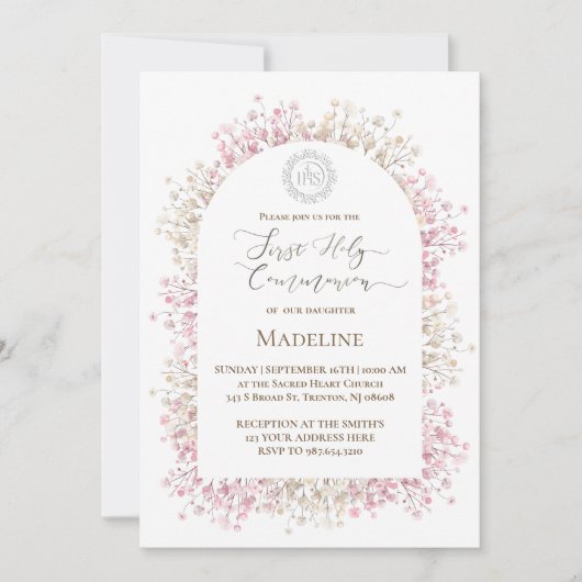 Invitation fleurs blanches roses Première Sainte Communion (Devant)
