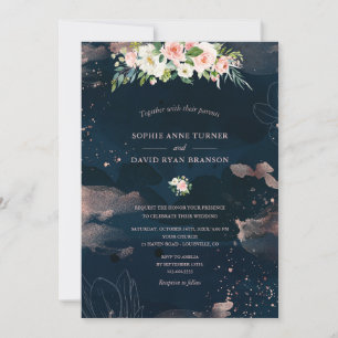 Invitation Fleurs blanches roses Rose or Marine bleu Mariage
