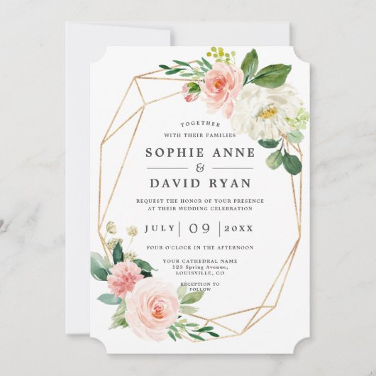 Invitation Fleurs blanches roses Rose Or tout en un Mariage (Devant)