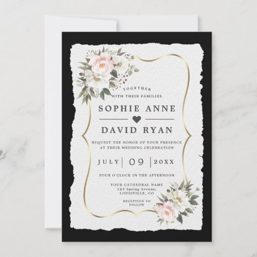 Invitation Fleurs blanches roses uniques Mariage or (Devant)