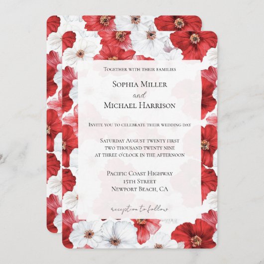 Invitation Fleurs blanches rouges Mariage floral (Devant / Derrière)