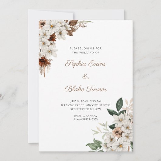 Invitation Fleurs blanches rustiques Bohème Mariage blanc (Devant)