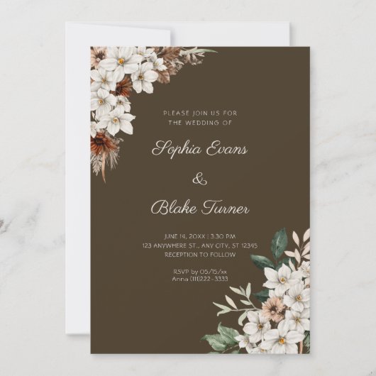 Invitation Fleurs blanches rustiques Boho bois brun mariage (Devant)