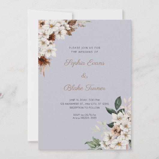 Invitation Fleurs blanches rustiques Boho Cloud gris Mariage (Devant)