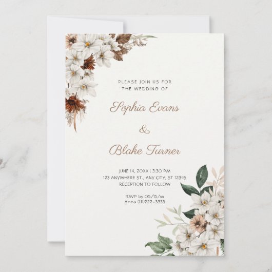 Invitation Fleurs blanches rustiques Boho Mariage blanc cassé (Devant)