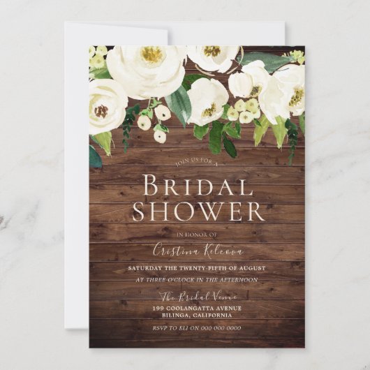 Invitation Fleurs blanches rustiques et Fête des mariées de c (Devant)