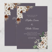 Invitation Fleurs blanches rustiques Mariage bohème gris fumé (Devant / Derrière)