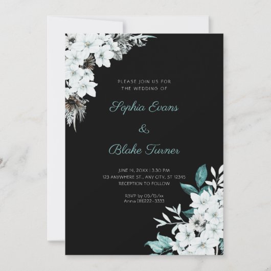 Invitation Fleurs Blanches Rustiques Mariage Bohème Noir (Devant)