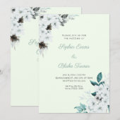 Invitation Fleurs Blanches Rustiques Mariage Bohème Vert Clai (Devant / Derrière)