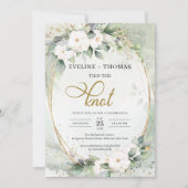 Invitation Fleurs blanches rustiques vert eucalyptus or oval (Devant)