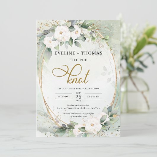 Invitation Fleurs blanches rustiques vert eucalyptus or oval (Debout devant)