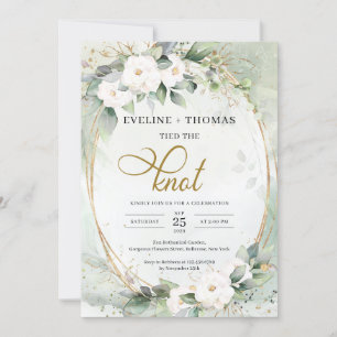 Invitation Fleurs blanches rustiques vert eucalyptus or oval