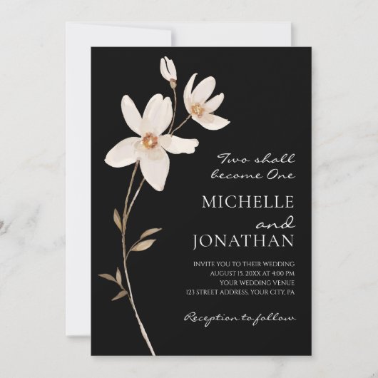 Invitation Fleurs blanches simples sur Mariage chrétien noir (Devant)