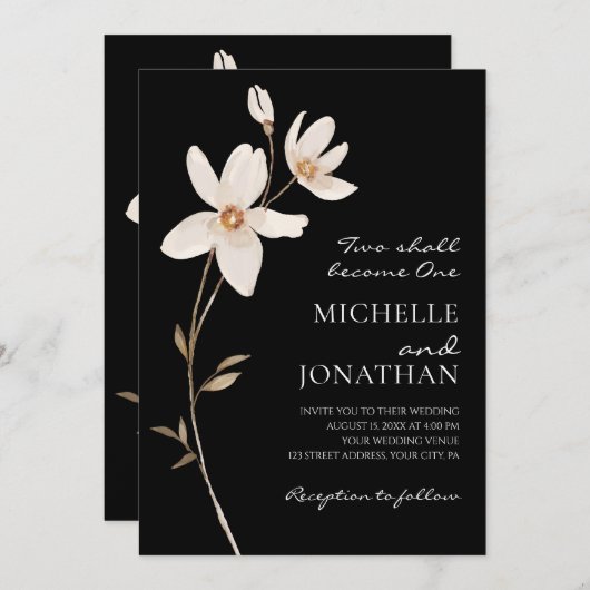 Invitation Fleurs blanches simples sur Mariage chrétien noir (Devant / Derrière)