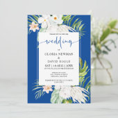 Invitation Fleurs blanches sur fond bleu Mariage (Debout devant)