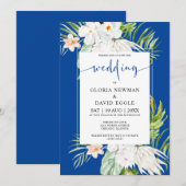 Invitation Fleurs blanches sur fond bleu Mariage (Devant / Derrière)