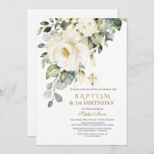 Invitation Fleurs blanches uniques Baptême 1er anniversaire P (Devant / Derrière)