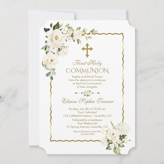 Invitation Fleurs blanches uniques Or Première Communion sain (Devant)