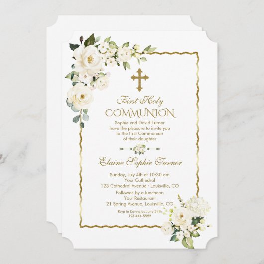 Invitation Fleurs blanches uniques Or Première Communion sain (Devant / Derrière)
