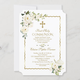 Invitation Fleurs blanches uniques Or Première Communion sain