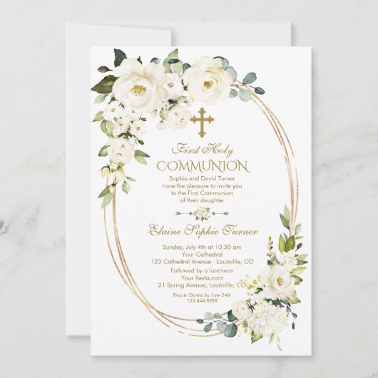 Invitation Fleurs blanches uniques Or Première Communion sain (Devant)
