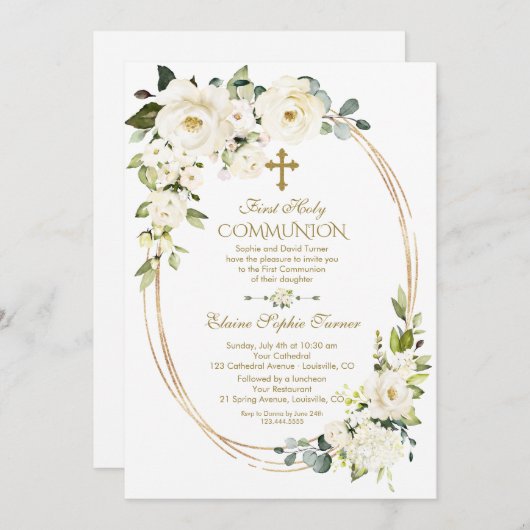 Invitation Fleurs blanches uniques Or Première Communion sain (Devant / Derrière)