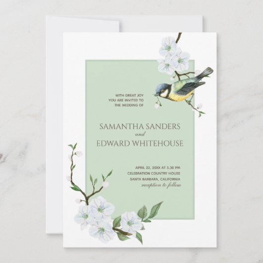 Invitation Fleurs blanches verdure aquarelle printemps oiseau (Devant)