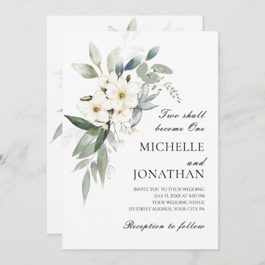 Invitation Fleurs blanches Verdure Bible chrétienne Mariage (Devant / Derrière)