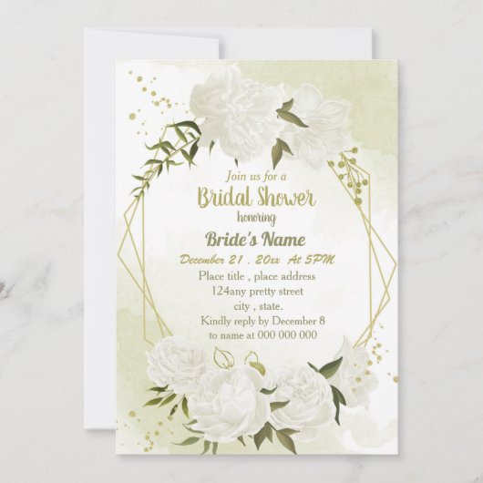 Invitation fleurs blanches verdure douche nuptiale géométriqu (Devant)
