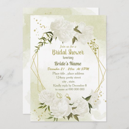 Invitation fleurs blanches verdure douche nuptiale géométriqu (Devant / Derrière)