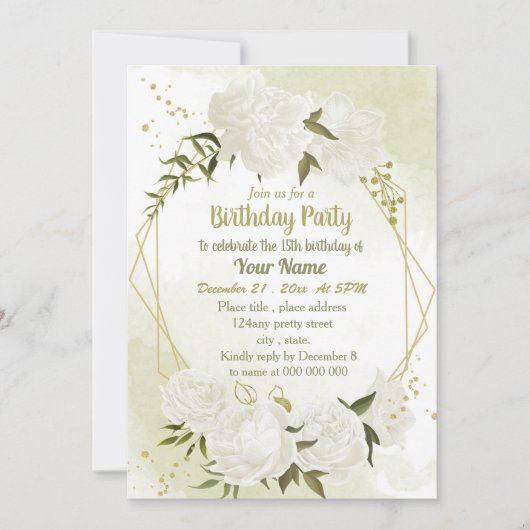 Invitation fleurs blanches verdure fête d'anniversaire géomét (Devant)