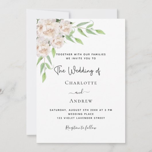 Invitation Fleurs blanches verdure mariage élégant (Devant)