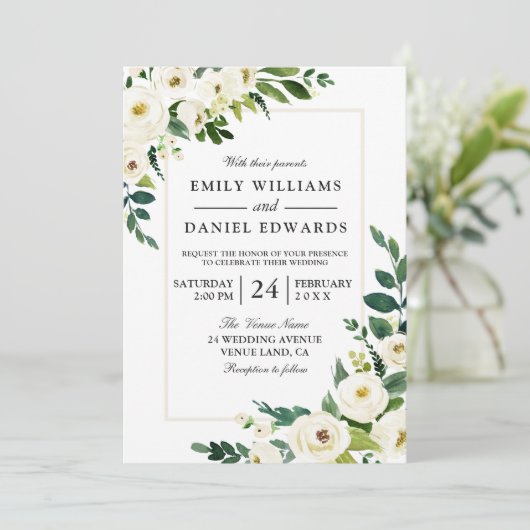 Invitation Fleurs Blanches Verdure Moderne Avec Mariage Cadre (Debout devant)