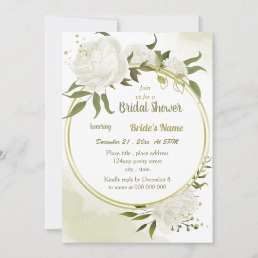 Invitation fleurs blanches verdure or couronne douche nuptial (Devant)