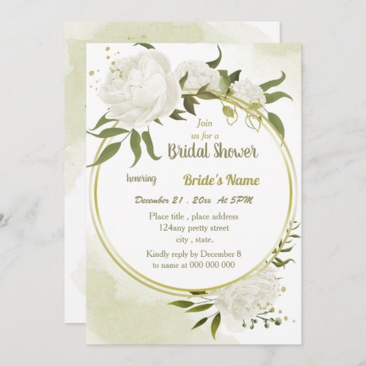 Invitation fleurs blanches verdure or couronne douche nuptial (Devant / Derrière)
