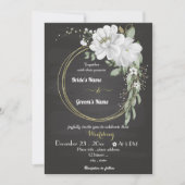 Invitation fleurs blanches verdure or couronne noir mariage (Devant)