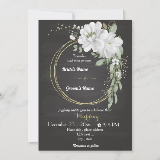 Invitation fleurs blanches verdure or couronne noir mariage (Devant)