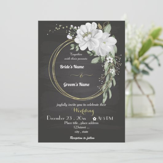 Invitation fleurs blanches verdure or couronne noir mariage (Debout devant)