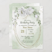 Invitation fleurs blanches verdure or ovale anniversaire (Devant / Derrière)