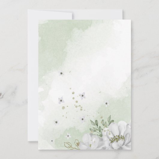 Invitation fleurs blanches vert feuille mariage (Dos)