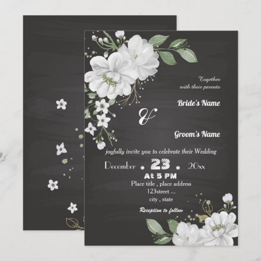 Invitation fleurs blanches vert feuille noir (Devant / Derrière)