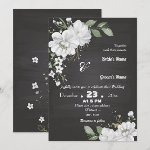 Invitation fleurs blanches vert feuille noir