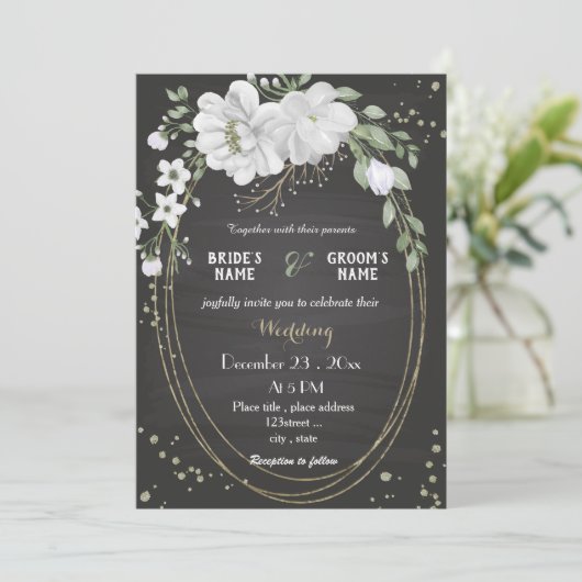 Invitation fleurs blanches vert feuille noir mariage (Debout devant)
