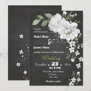Invitation fleurs blanches vert feuille noir mariage