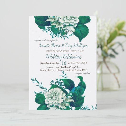 Invitation Fleurs blanches / vertes / bleues sur Cryspy Blanc (Debout devant)