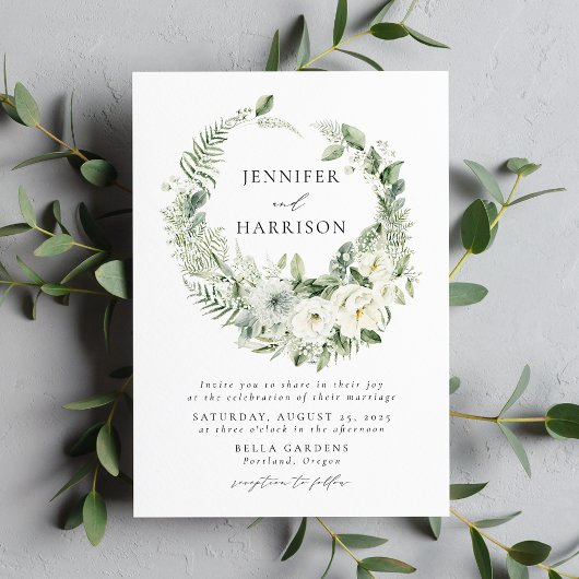 Invitation Fleurs blanches vertes et Mariage de couronne verd