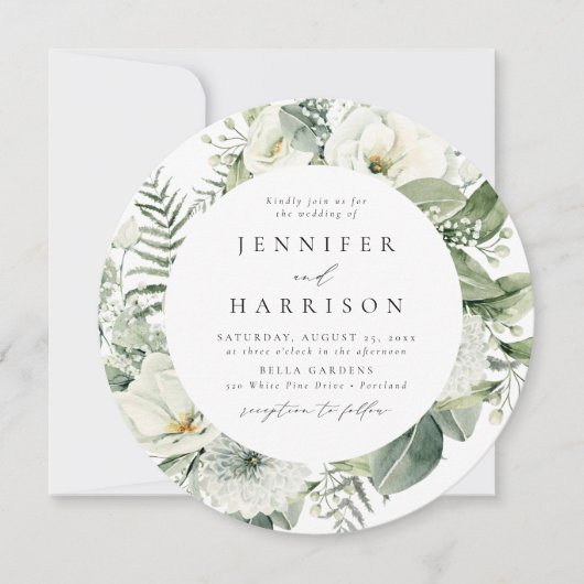 Invitation Fleurs blanches vertes et Mariage du cercle verdoy (Devant)