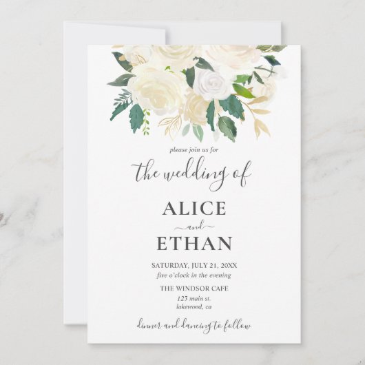 Invitation Fleurs blanches vertes Script Mariage (Devant)