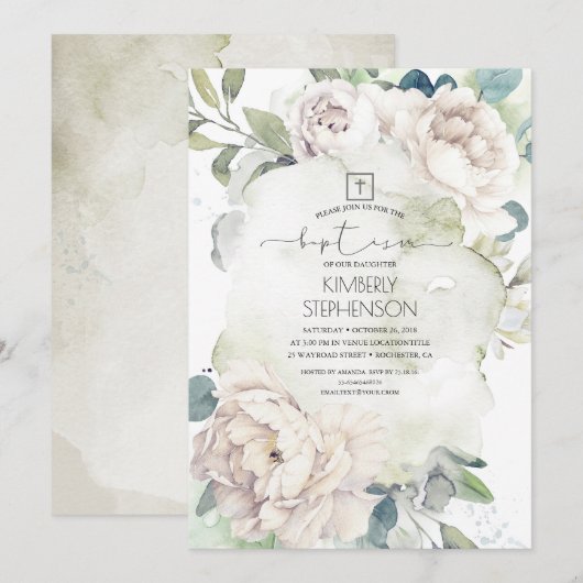Invitation Fleurs blanches vintages et baptême de verdure (Devant / Derrière)
