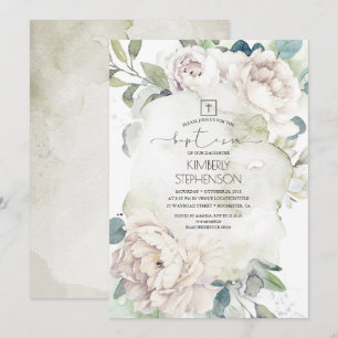 Invitation Fleurs blanches vintages et baptême de verdure